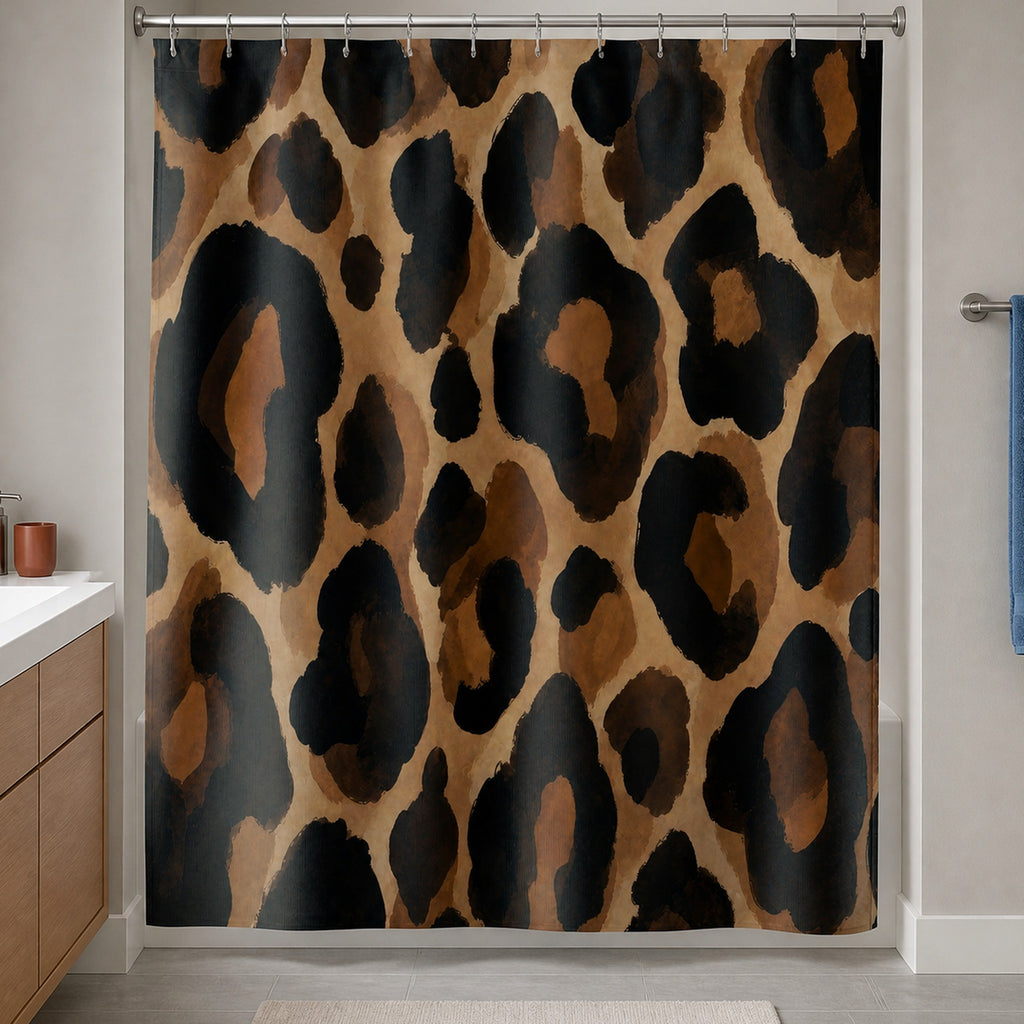 Black brown leopard shower curtain in a warm gray bathroom with light oak vanity