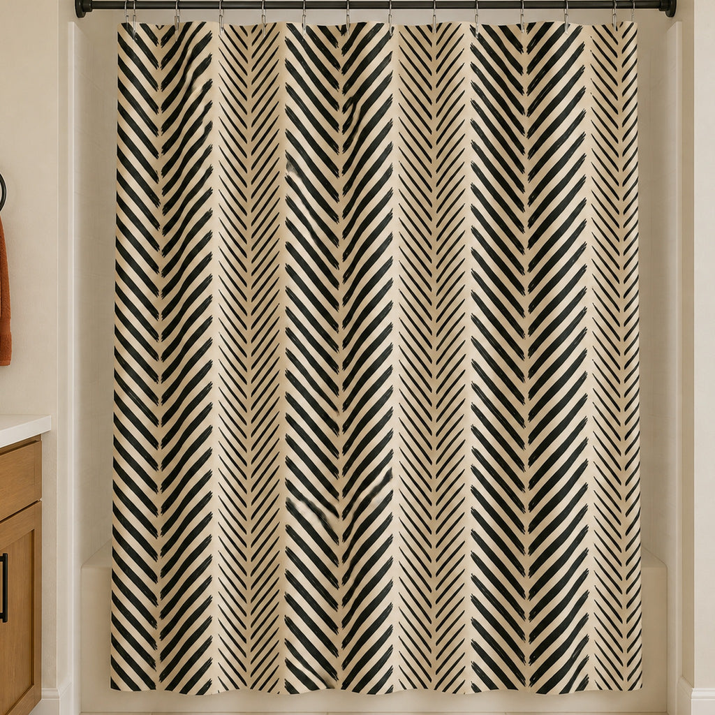 Black cream chevron shower curtain in a warm white guest bathroom with oak vanity and rust towel