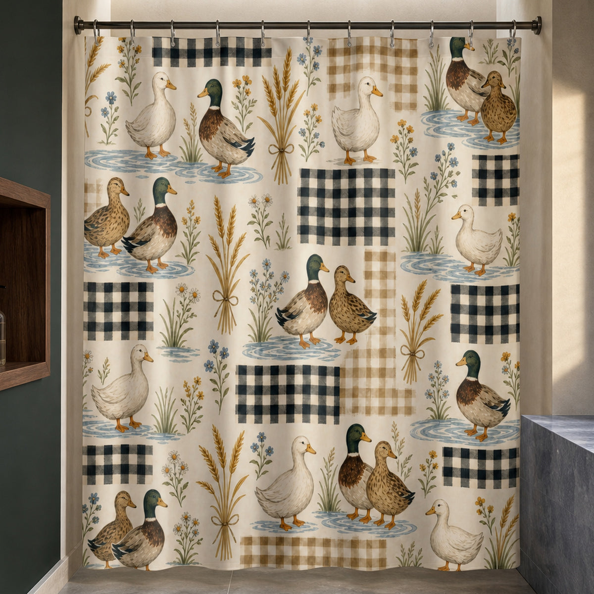 Farmhouse mallard and gingham shower curtain in a luxury rural modern bathroom with cream lightwell, green wall and blue gray stone