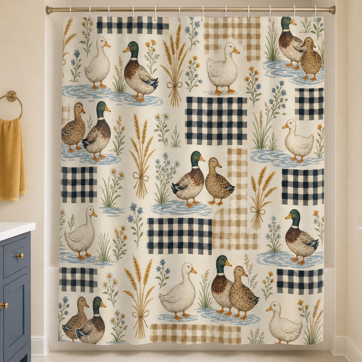 Farmhouse mallard and gingham shower curtain in a warm white family bathroom with slate blue vanity and gold towel