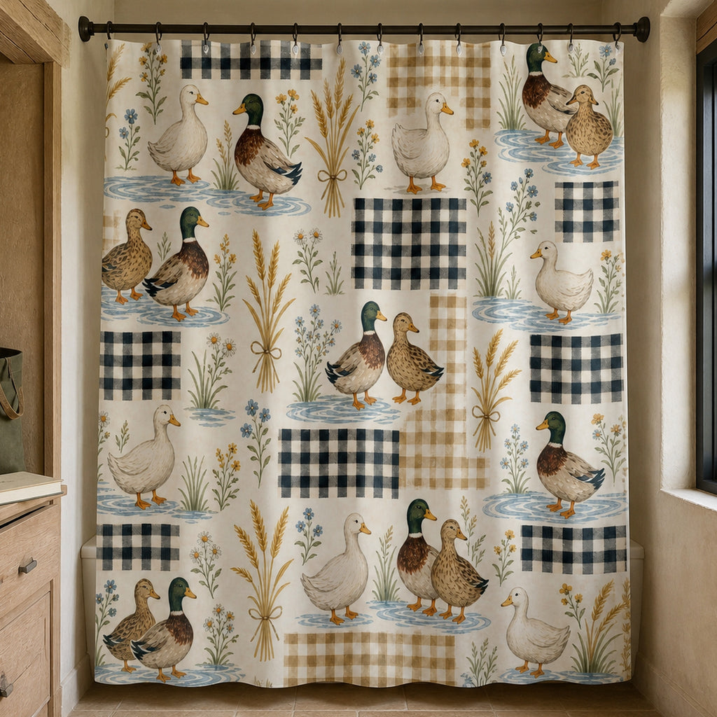 Farmhouse mallard and gingham shower curtain in a wetland illustrator bathroom with pale oak drawers and sage field bag