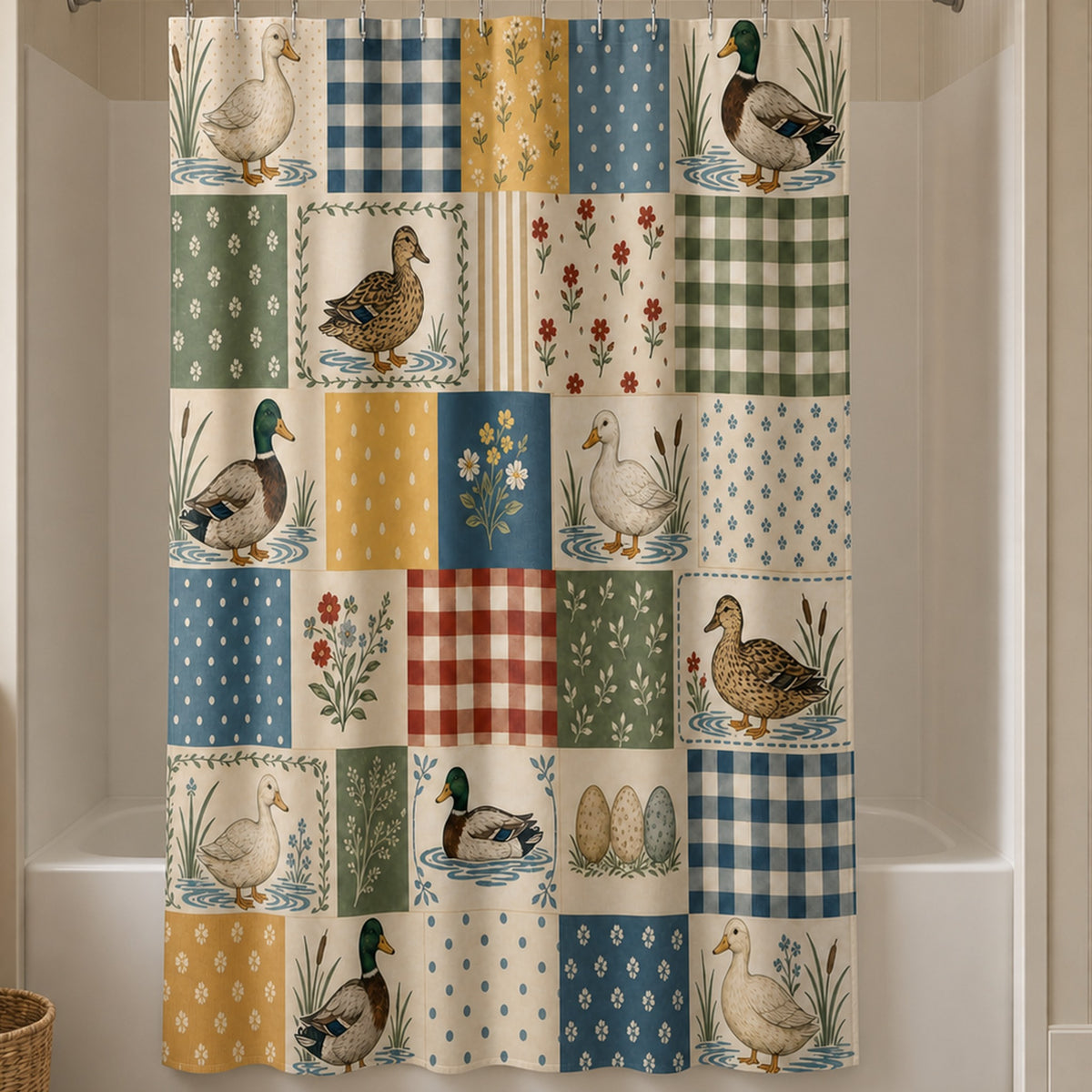 Mallard patchwork quilt shower curtain in a cream beadboard bathroom with oak vanity and sage towel