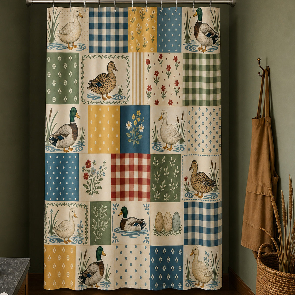 Mallard patchwork quilt shower curtain in a lakeside waterfowl illustrator studio with pine drawers and field gear