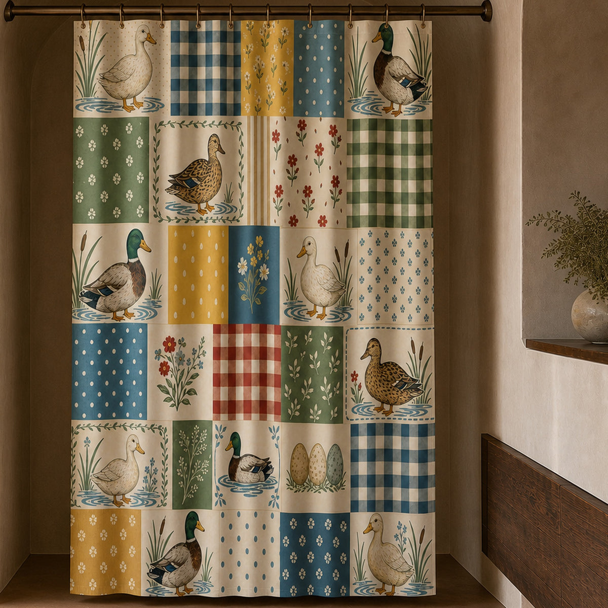 Mallard patchwork quilt shower curtain in a luxury lime plaster bathroom with amber glass and green stone