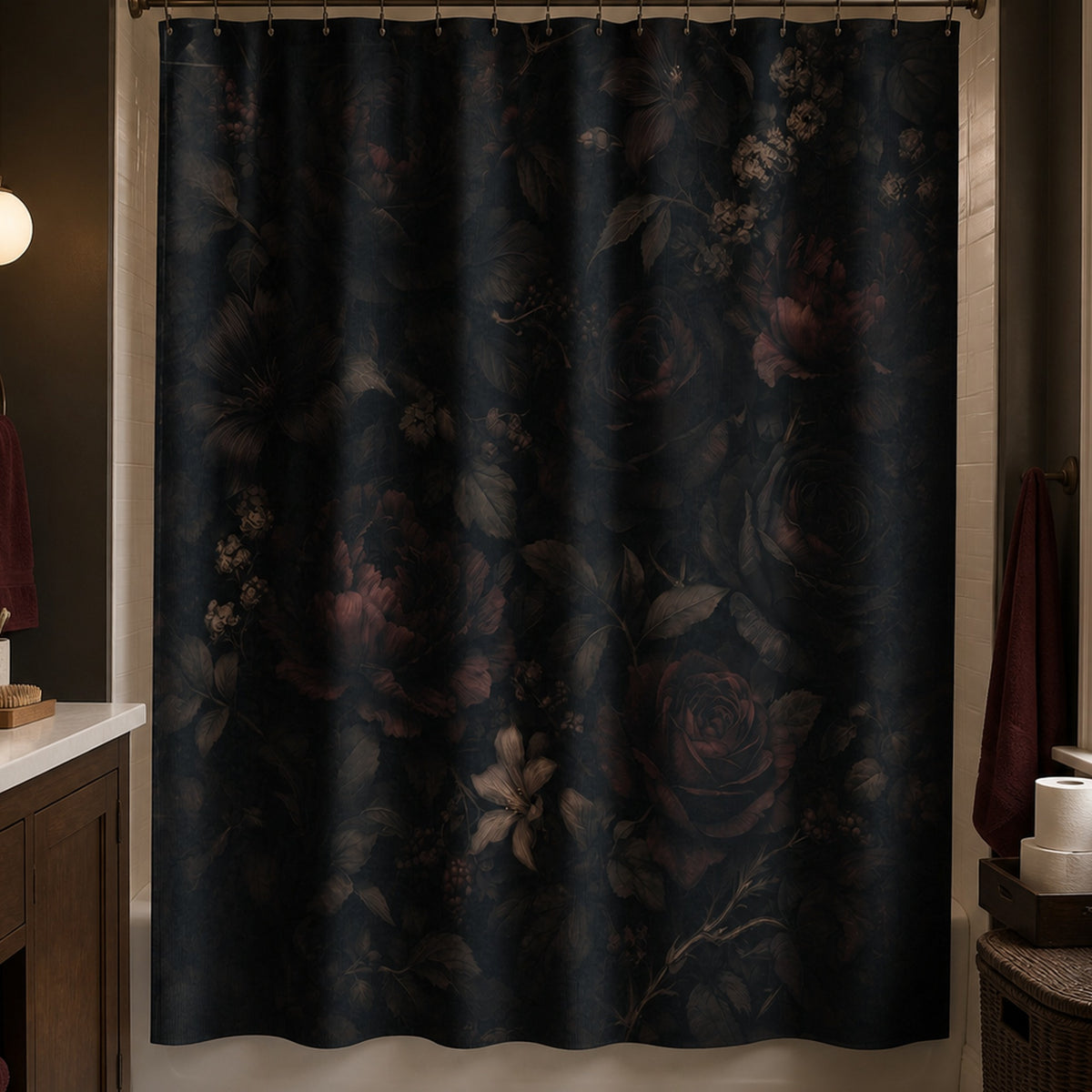 Dark floral shower curtain in an attainable charcoal and walnut guest bathroom