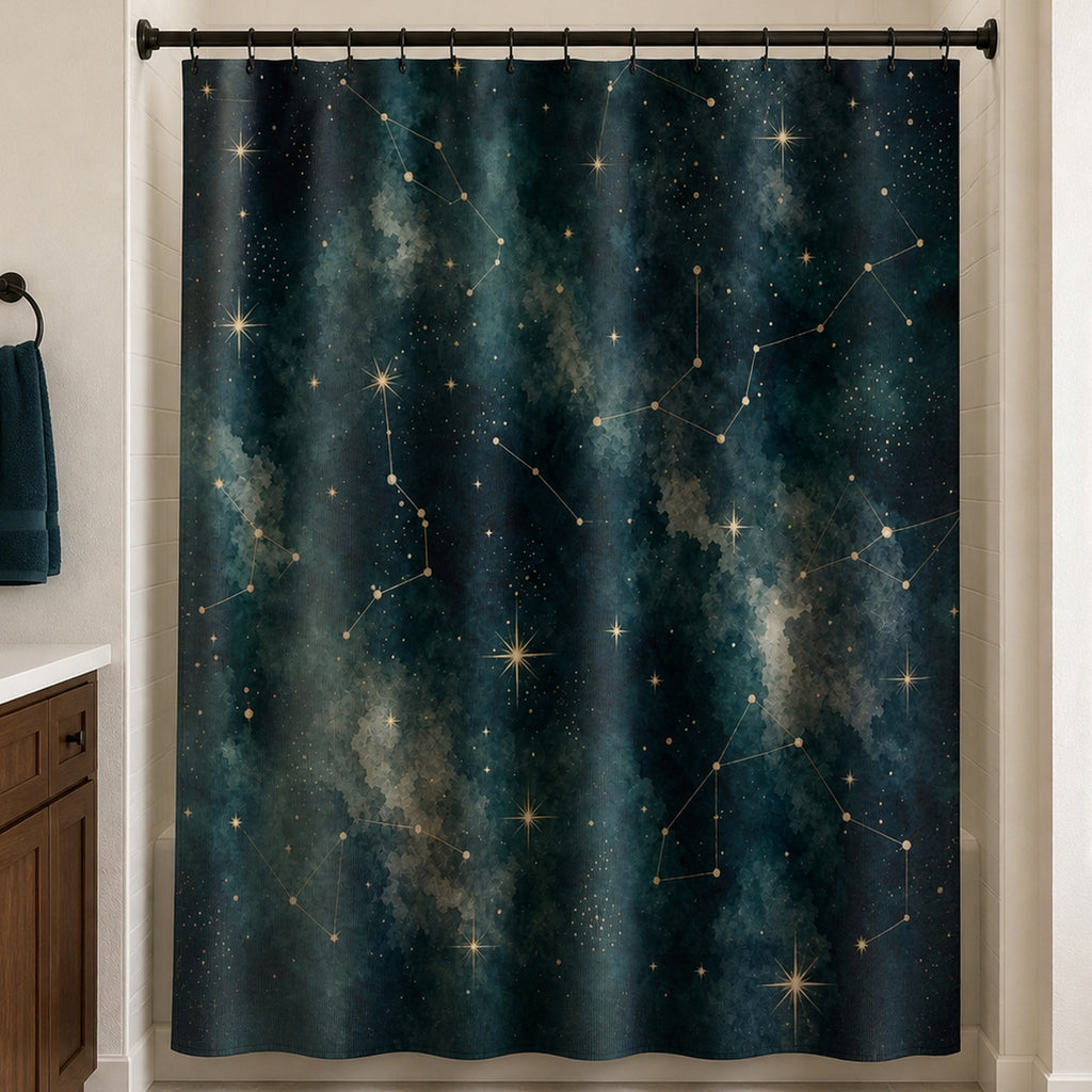Dark teal constellation shower curtain in a warm white guest bathroom with walnut vanity and teal towel