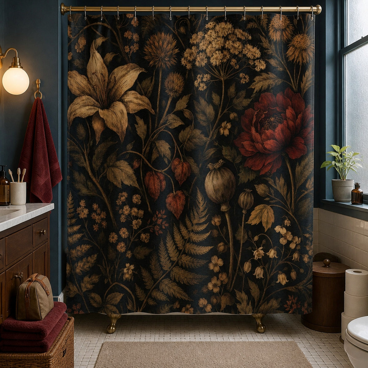 Dark academia botanical shower curtain in an attainable ink-blue walnut apartment bathroom