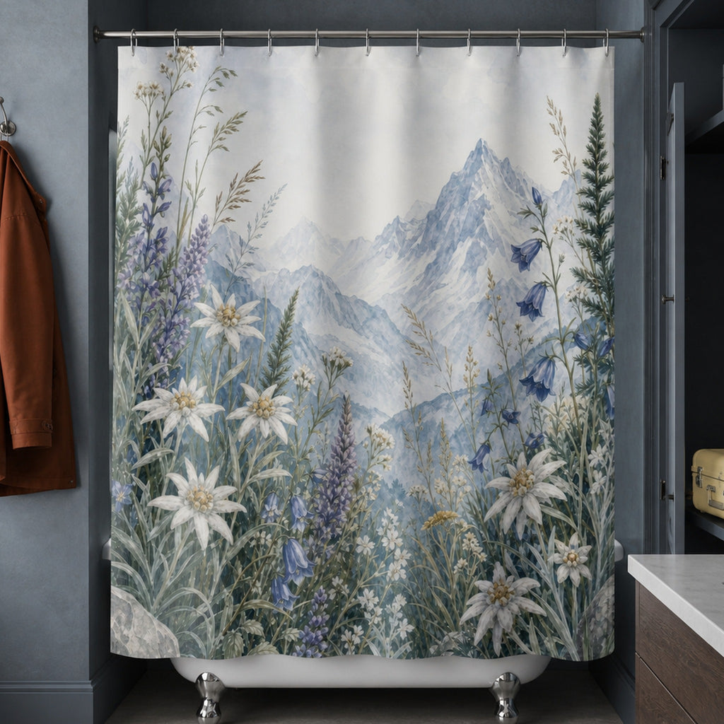 Alpine wildflower landscape shower curtain in a slate-blue researcher bathroom