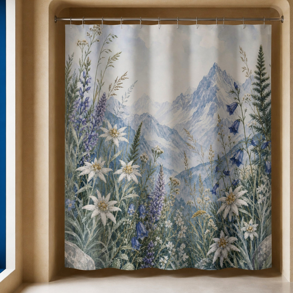 Alpine wildflower landscape shower curtain in an ochre designer bathroom