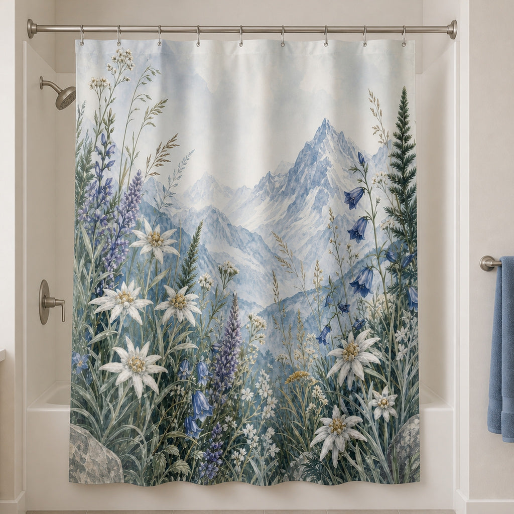 Alpine wildflower landscape shower curtain in an attainable warm-white bathroom