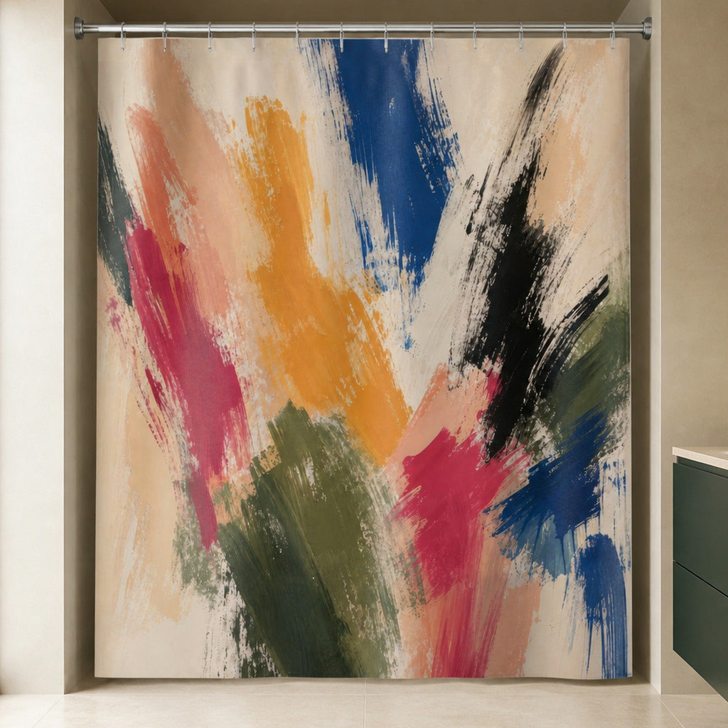 Colorful abstract brush stroke shower curtain in a sculptural butter and forest designer bathroom