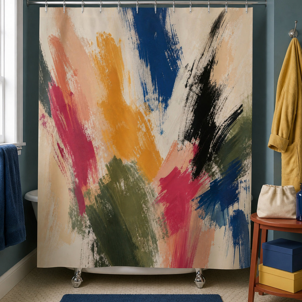 Colorful abstract brush stroke shower curtain in a teal rowhouse bathroom with citron robe