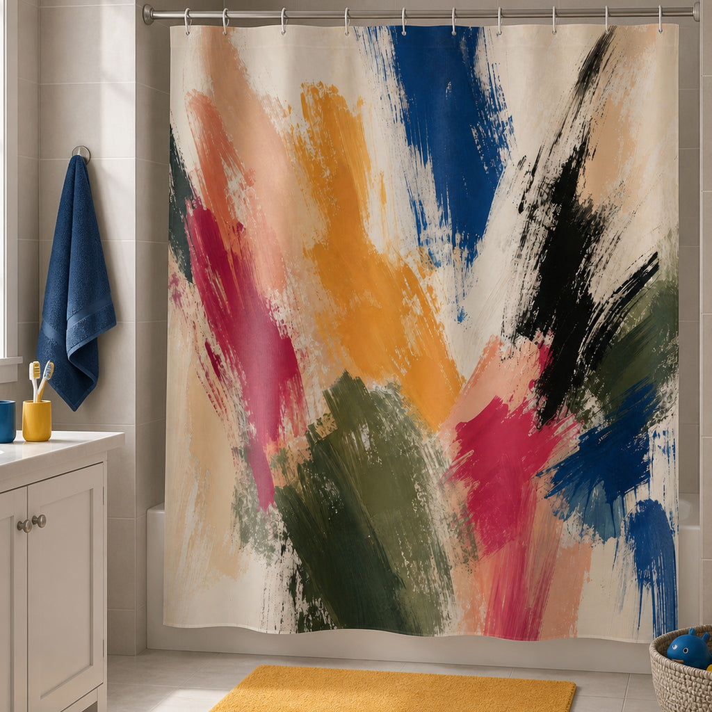 Colorful abstract brush stroke shower curtain in a warm gray family bathroom with mustard mat