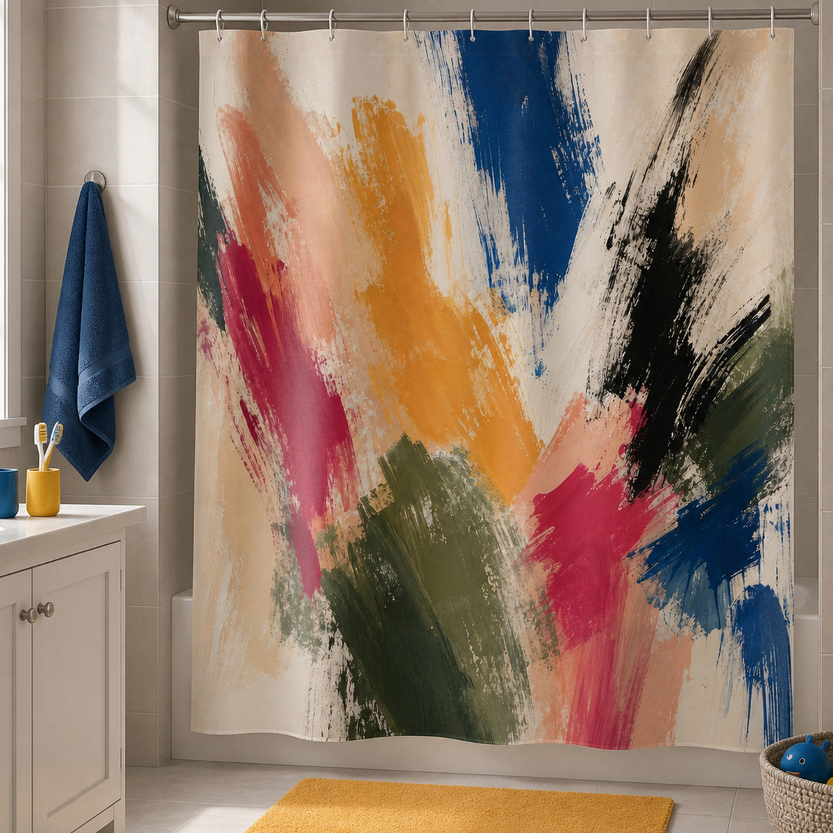 Colorful abstract brush stroke shower curtain in a warm gray family bathroom with mustard mat
