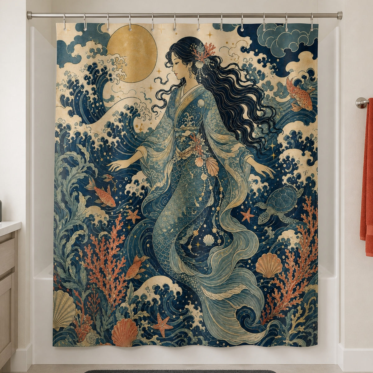 Vintage mermaid ocean shower curtain in a buttercream bathroom with pale ash vanity