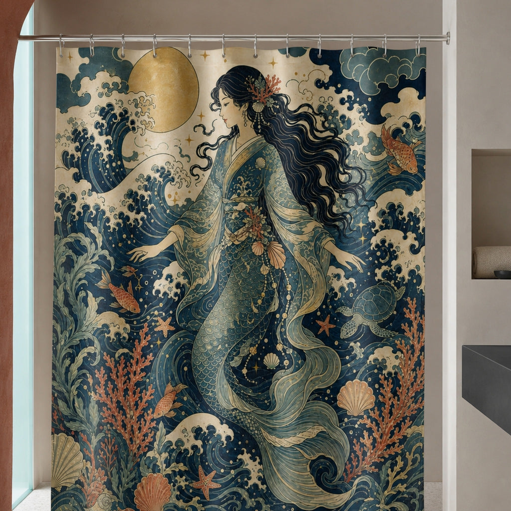 Vintage mermaid ocean shower curtain in a sculptural red-clay designer bathroom