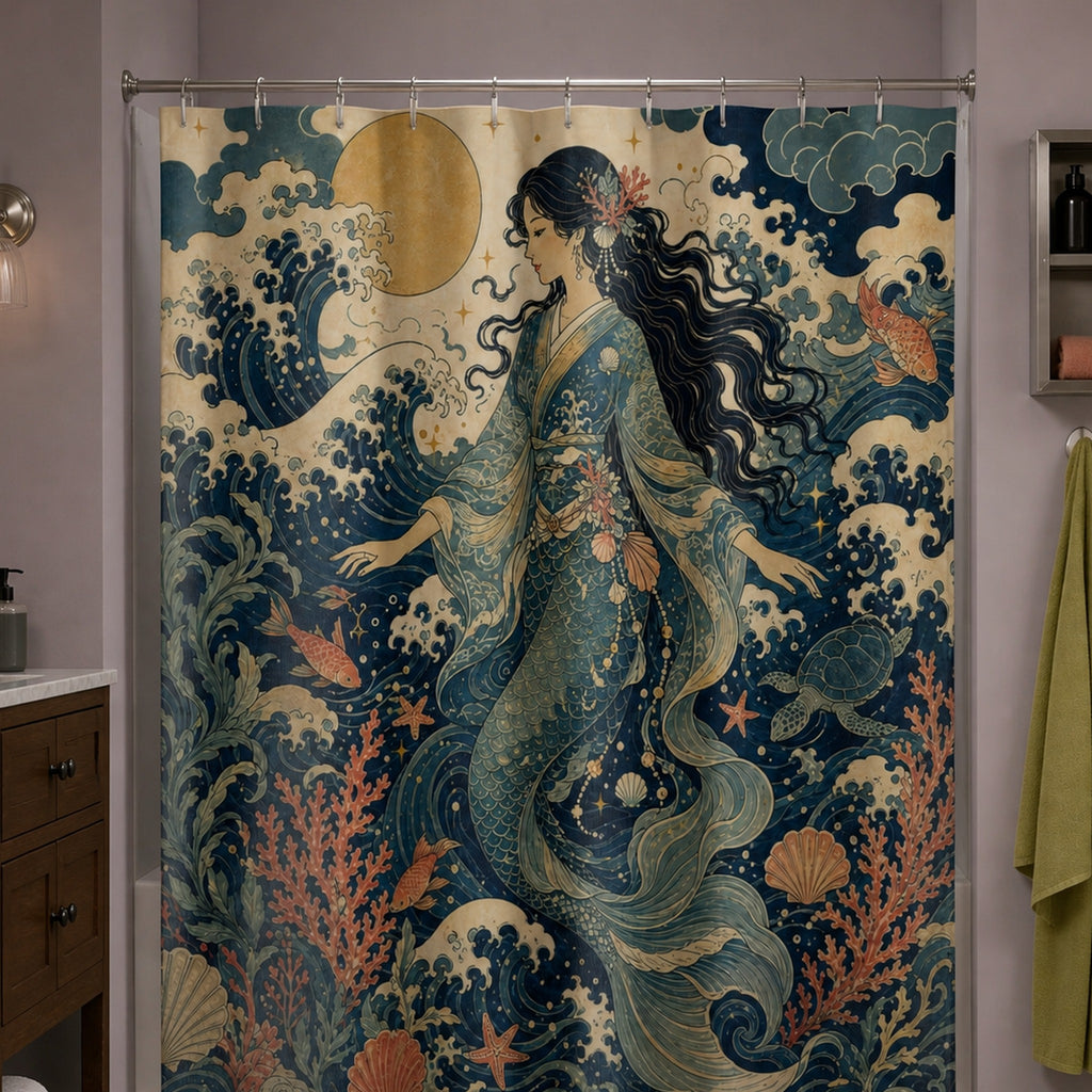 Vintage mermaid ocean shower curtain in a dusty-lilac bathroom with walnut vanity