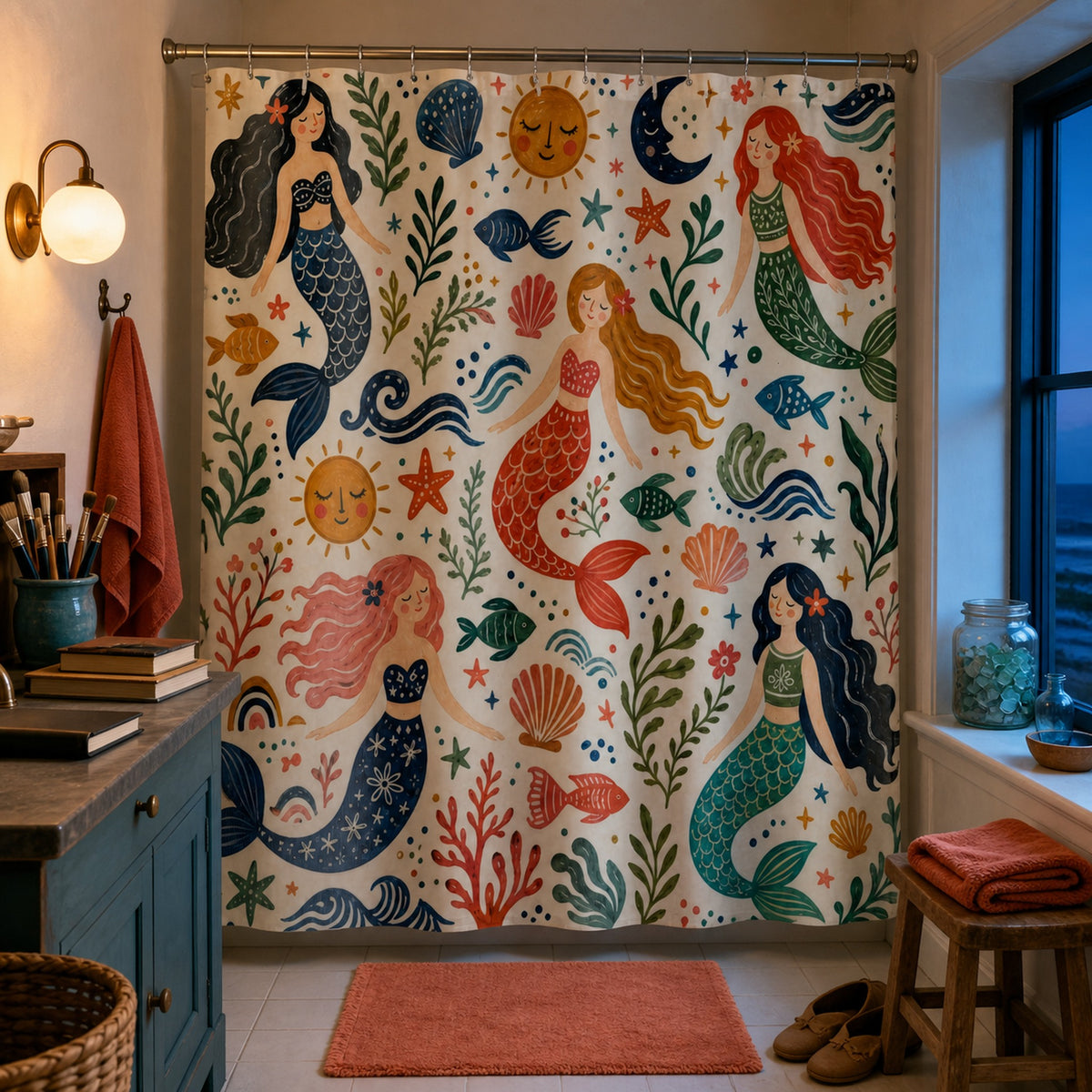 Colorful mermaid ocean shower curtain in a marine illustrator's lighthouse cottage bathroom