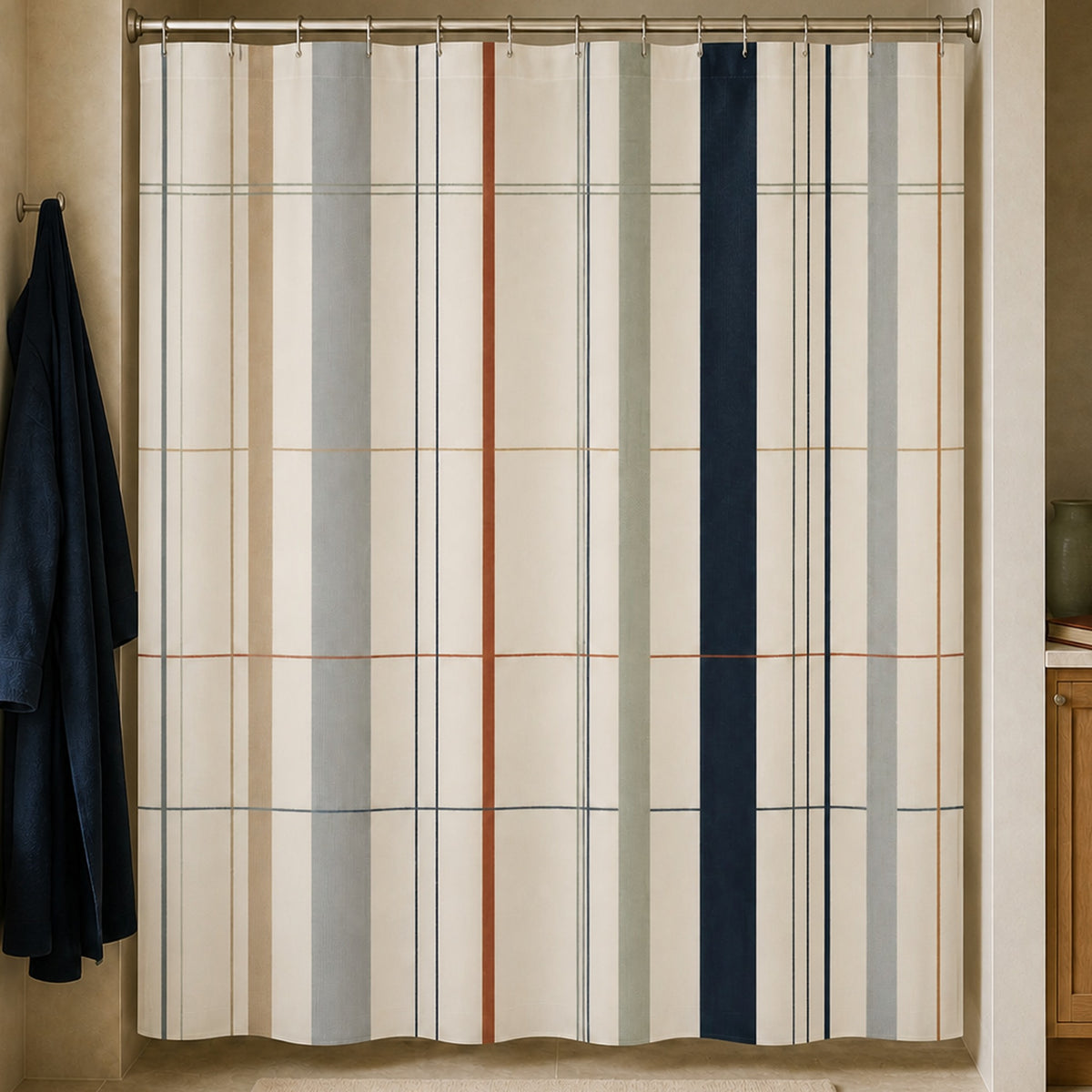 Navy plaid grid shower curtain in an architect townhouse bathroom with oak cabinet, navy robe and rust folio