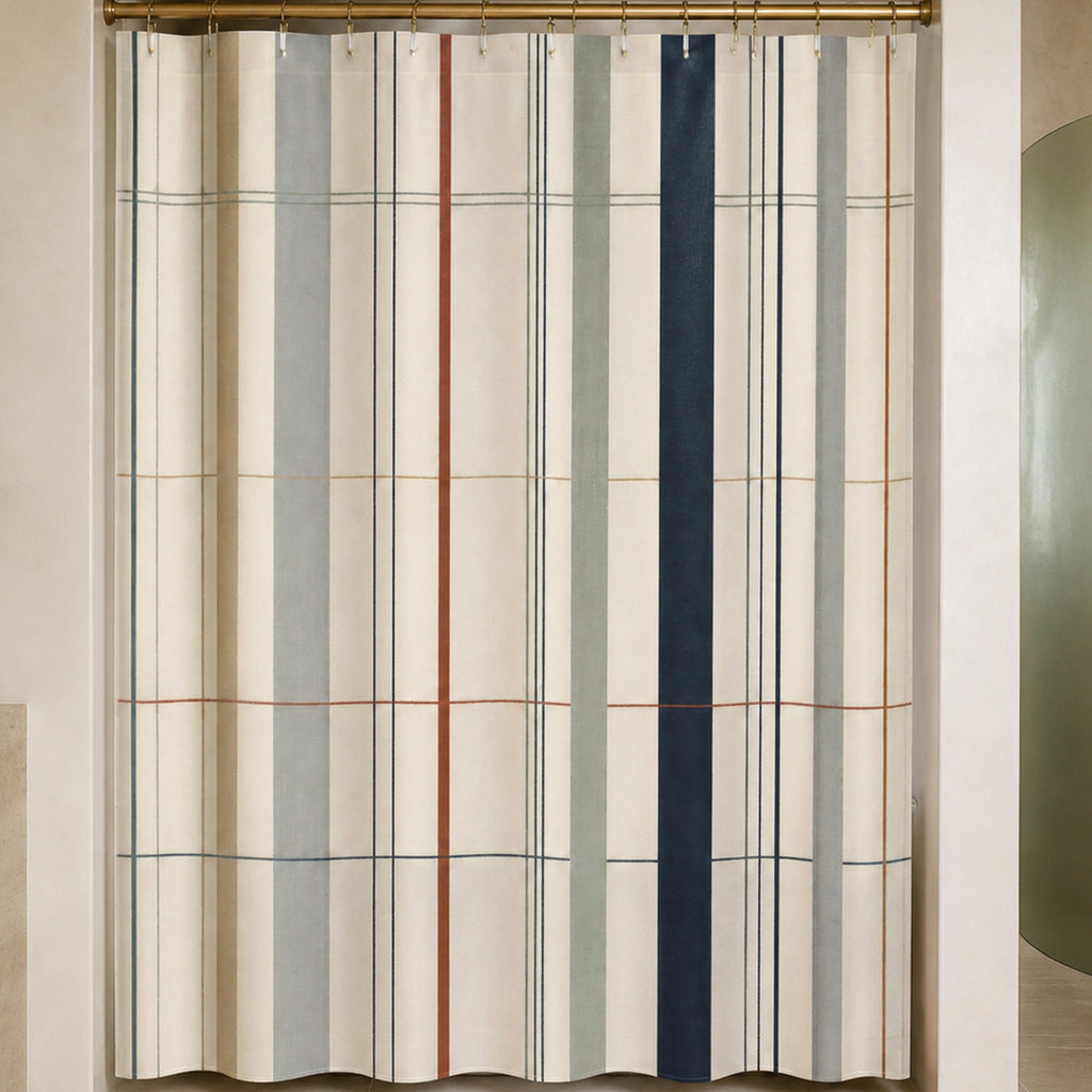 Navy plaid grid shower curtain in a luxury bathroom with sage resin, travertine and sienna lacquer