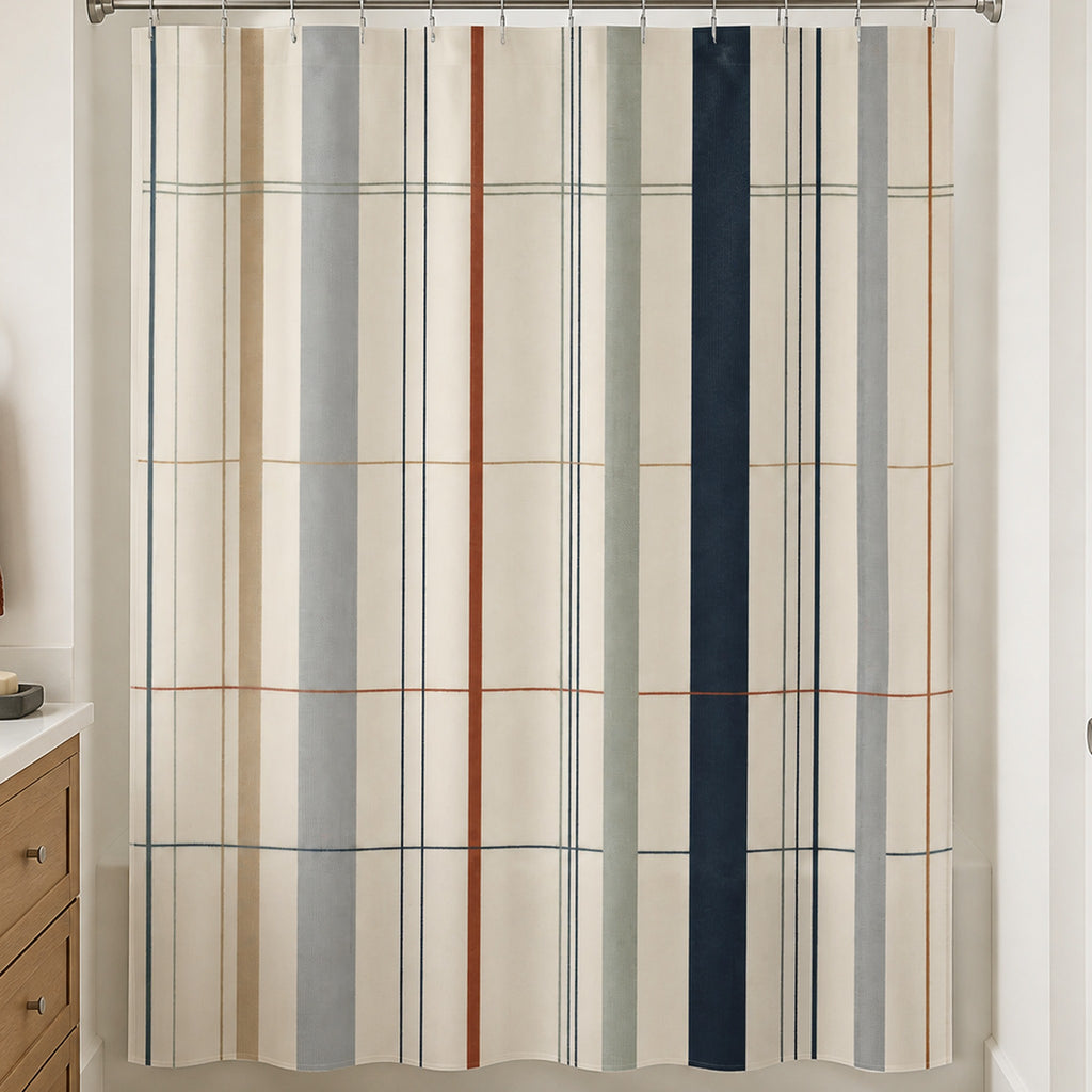 Navy plaid grid shower curtain in a warm white guest bathroom with oak vanity and rust towel