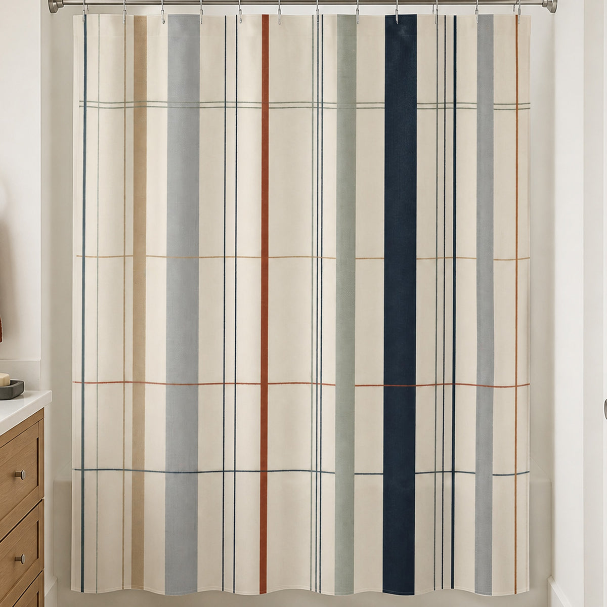 Navy plaid grid shower curtain in a warm white guest bathroom with oak vanity and rust towel