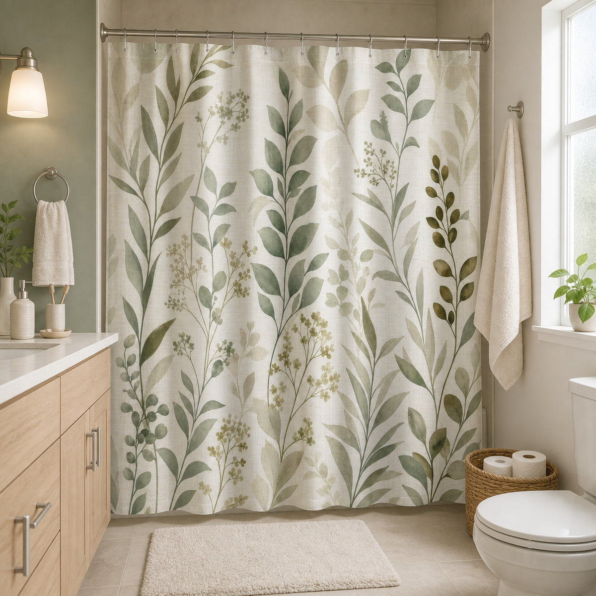 Sage leaf stem shower curtain in an attainable pale oak and sage guest bathroom