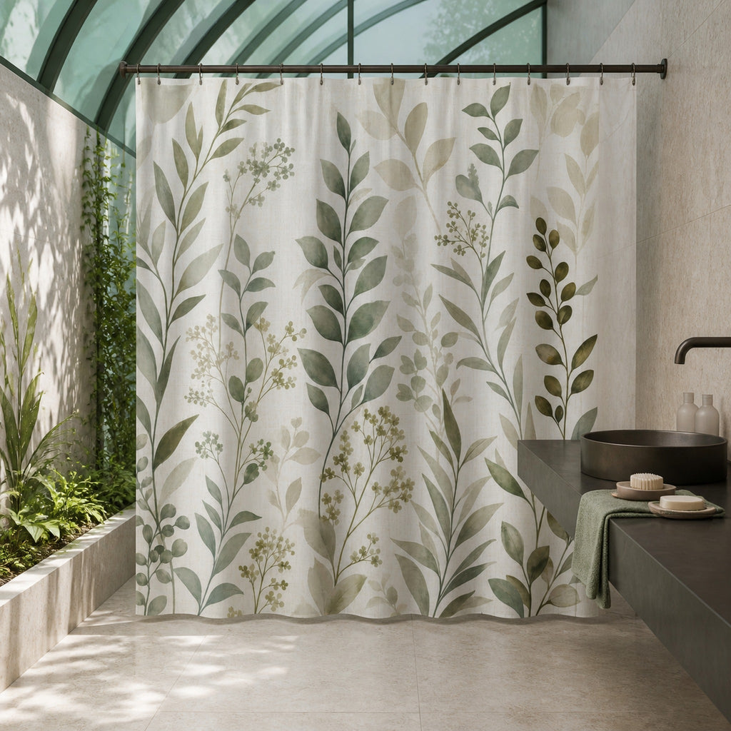 Sage leaf stem shower curtain in a verdigris glass winter garden designer bathroom