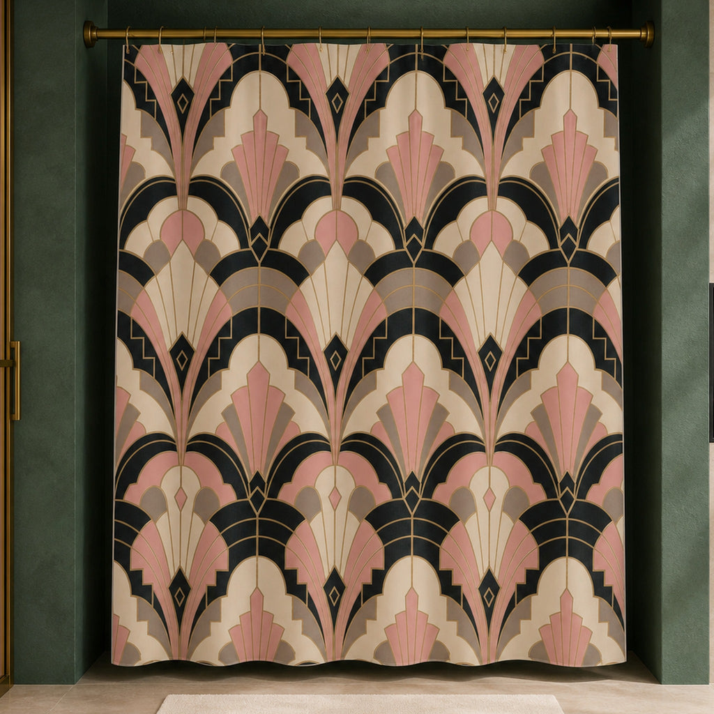 Black pink Art Deco fan shower curtain in an emerald designer bathroom with smoked rose glass and cream stone