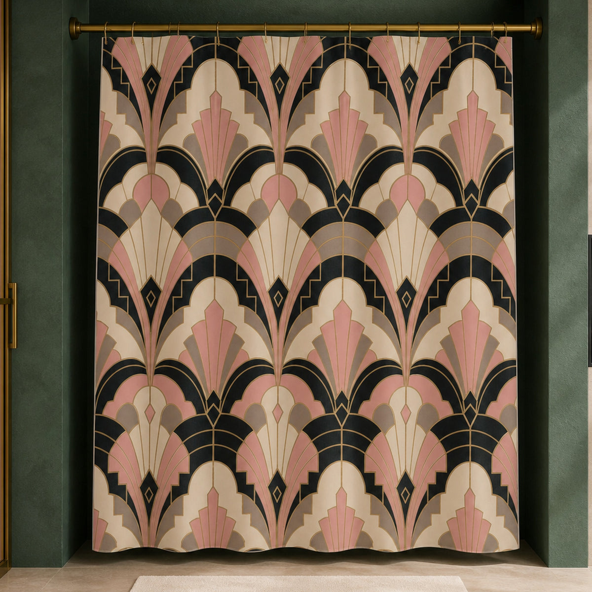 Black pink Art Deco fan shower curtain in an emerald designer bathroom with smoked rose glass and cream stone