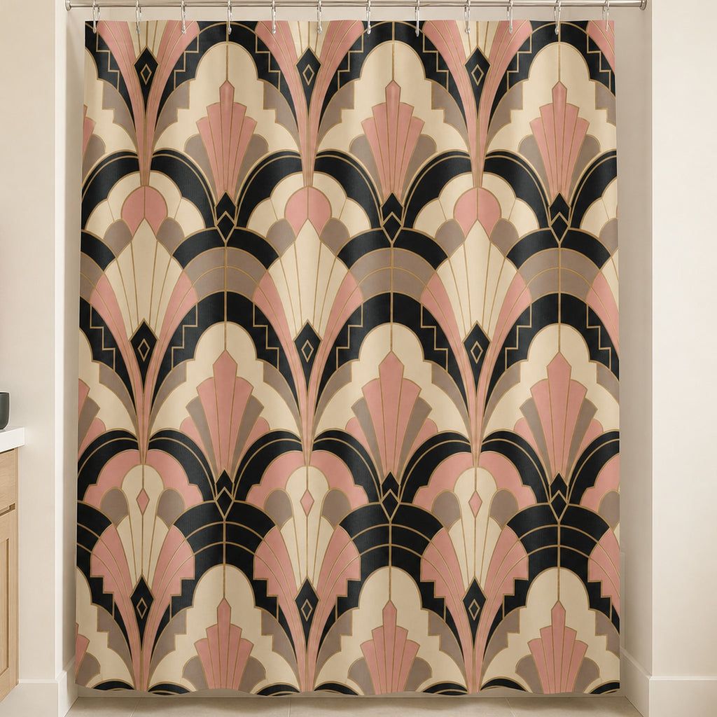 Black pink Art Deco fan shower curtain in a warm ivory bathroom with pale oak vanity and dusty rose towel