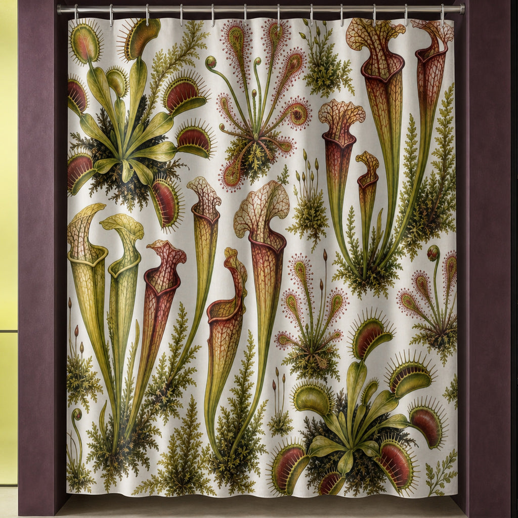 Venus flytrap and pitcher plant shower curtain in a luxury aubergine bathroom with citron glass and dark oak