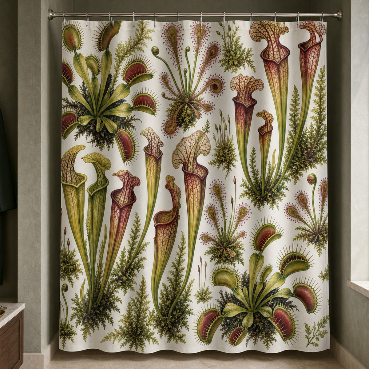 Venus flytrap and pitcher plant shower curtain in a conservatory curator bathroom with green coat and mahogany cabinet