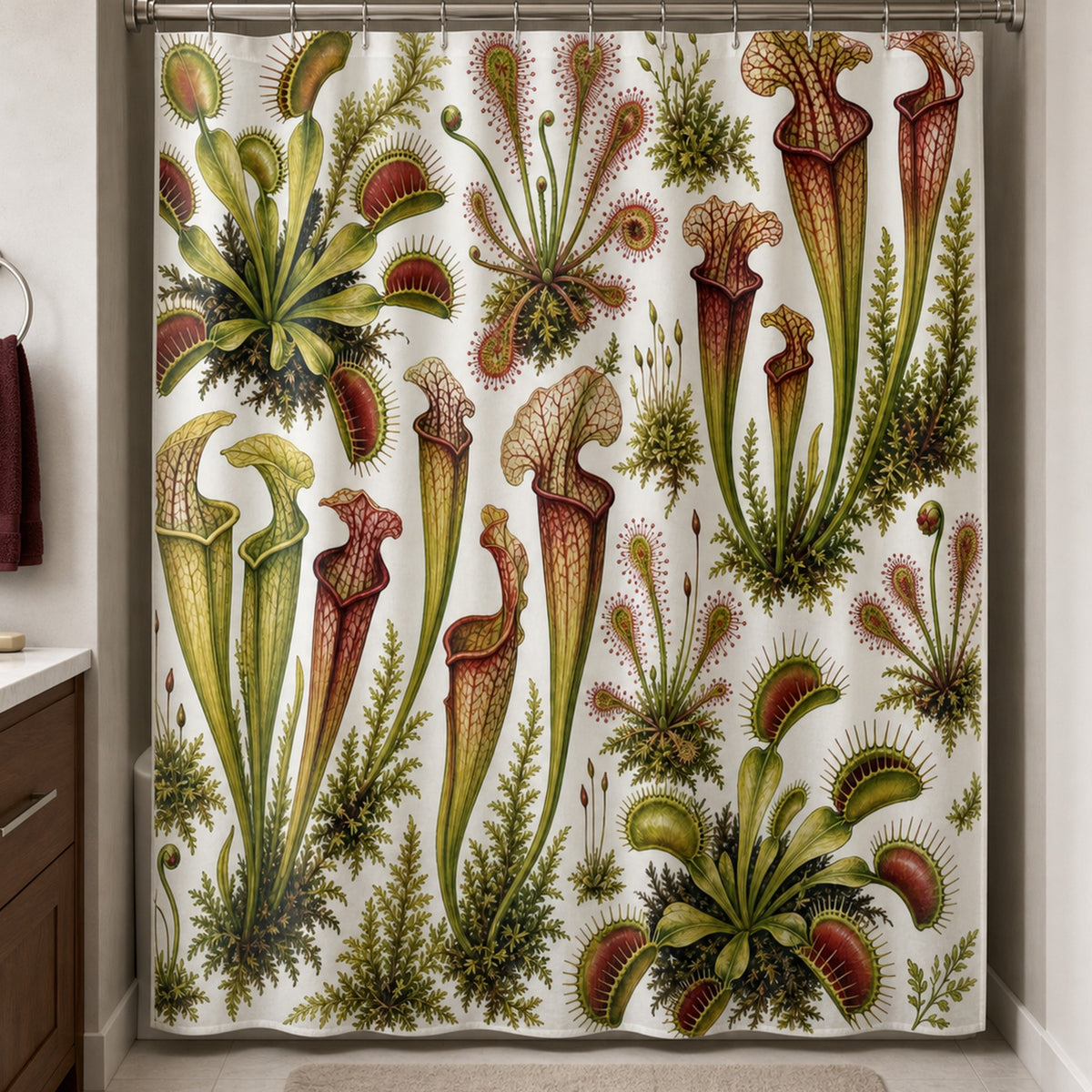 Venus flytrap and pitcher plant shower curtain in a mushroom guest bathroom with walnut vanity and burgundy towel