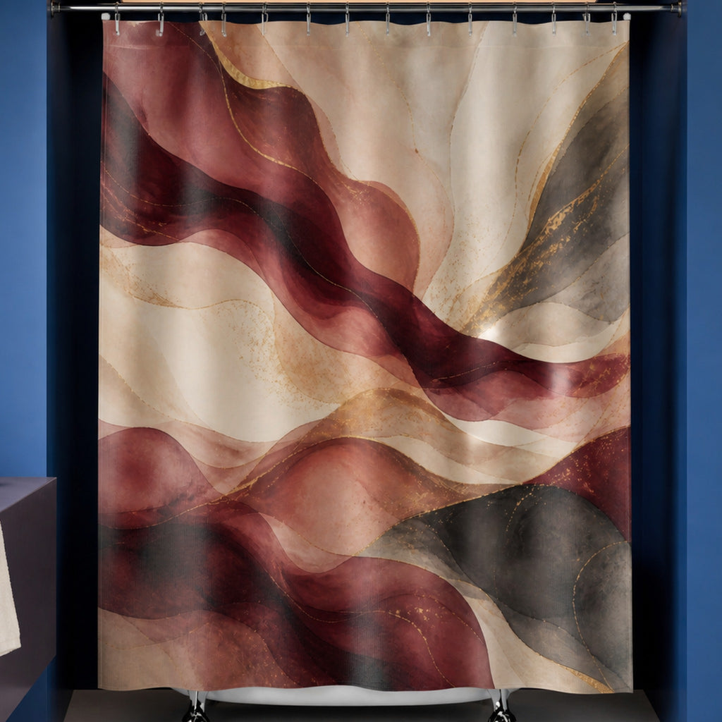Burgundy abstract marble shower curtain in a cobalt designer bathroom with apricot ceiling glass