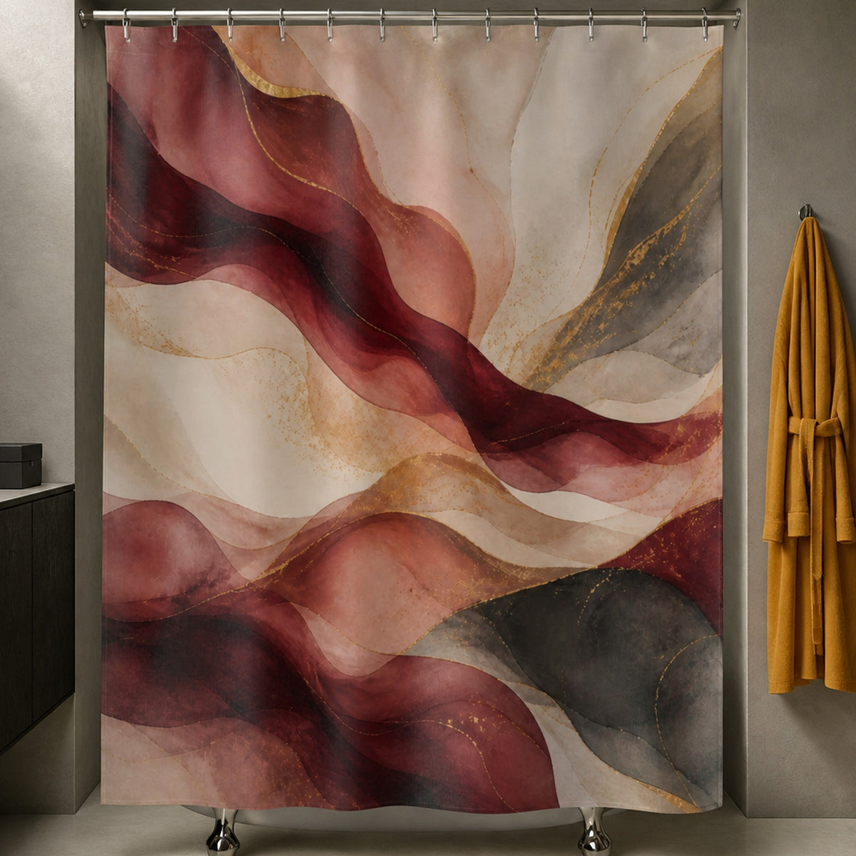 Burgundy abstract marble shower curtain in a warm gray loft bathroom with saffron robe