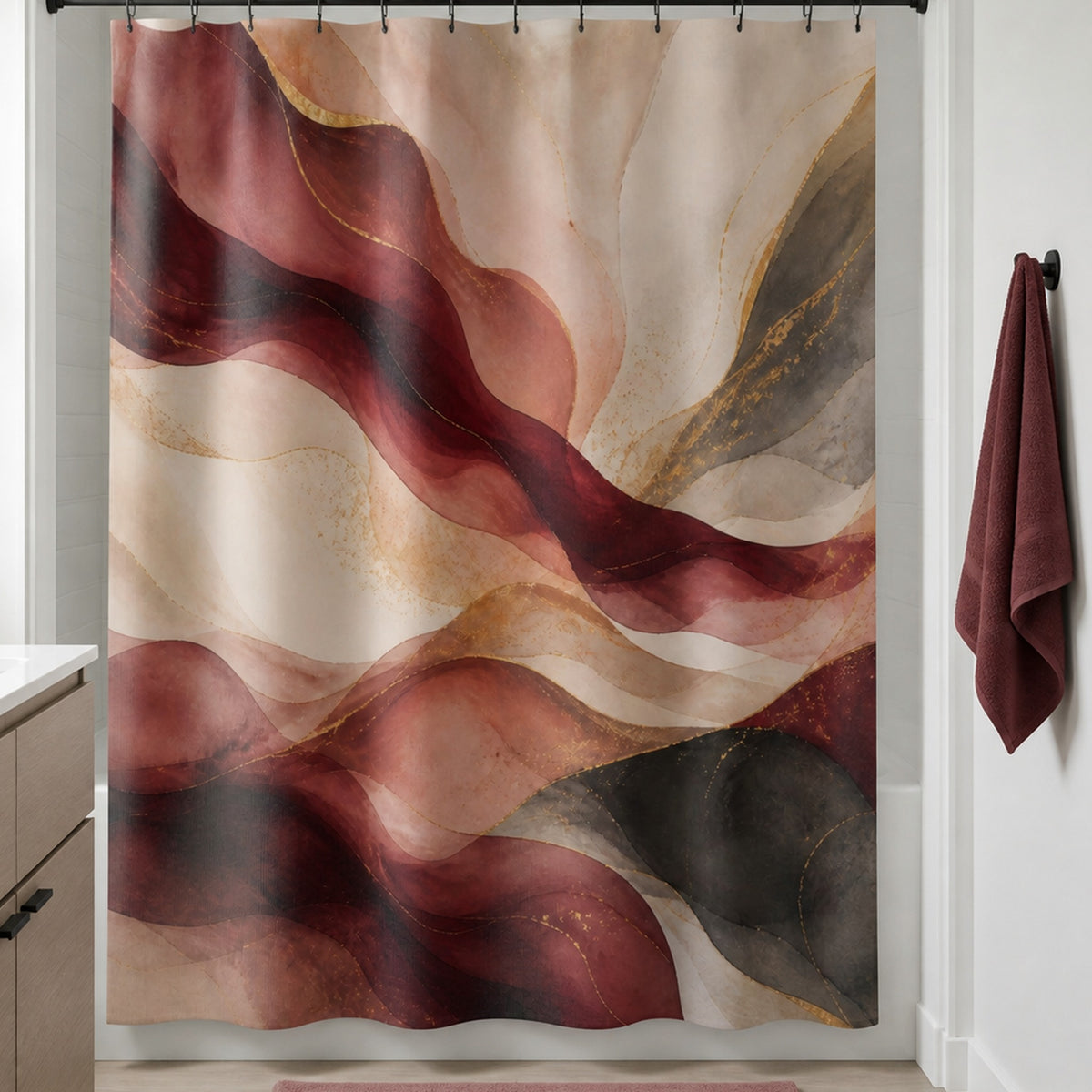 Burgundy abstract marble shower curtain in a warm white guest bathroom with pale oak vanity