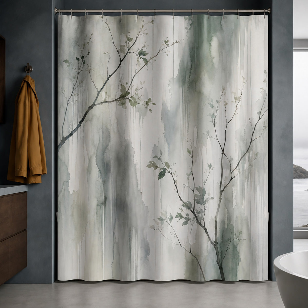 Misty watercolor branch shower curtain in a slate blue bathroom with coastal view