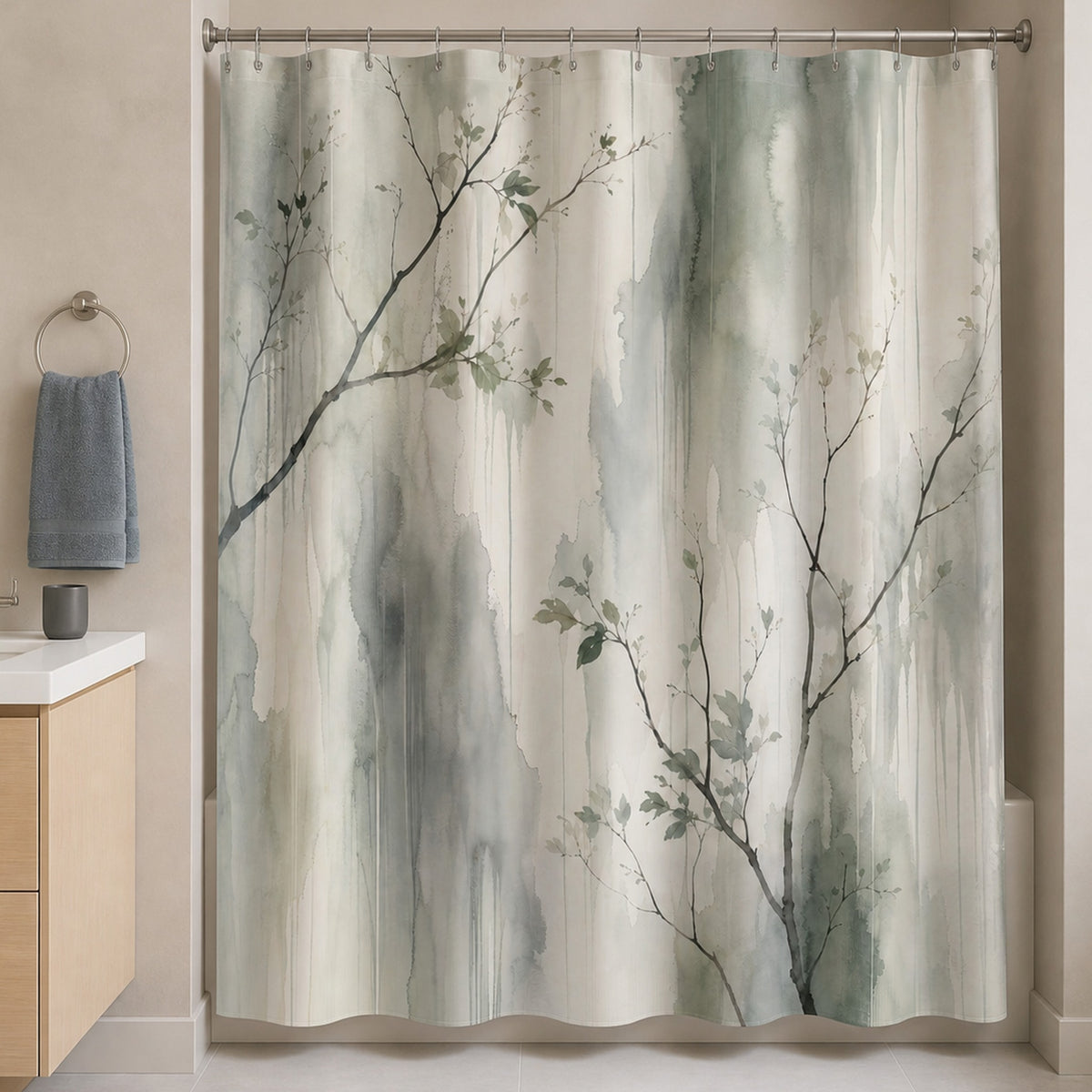 Misty watercolor branch shower curtain in a warm putty bathroom with pale maple vanity