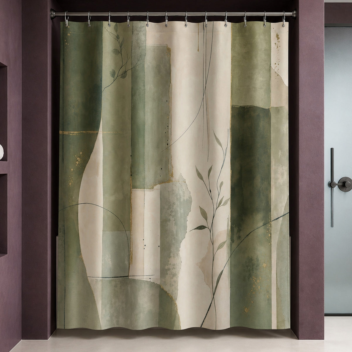 Green beige abstract botanical shower curtain in an aubergine designer bathroom