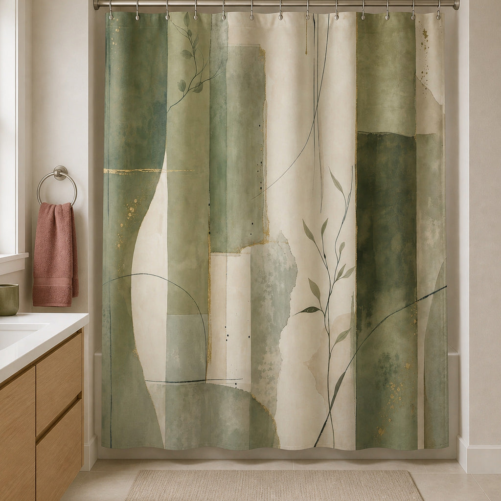 Green beige abstract botanical shower curtain in a putty bathroom with light oak vanity