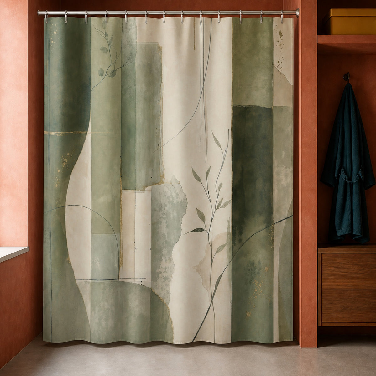 Green beige abstract botanical shower curtain in a clay red bathroom with teal robe