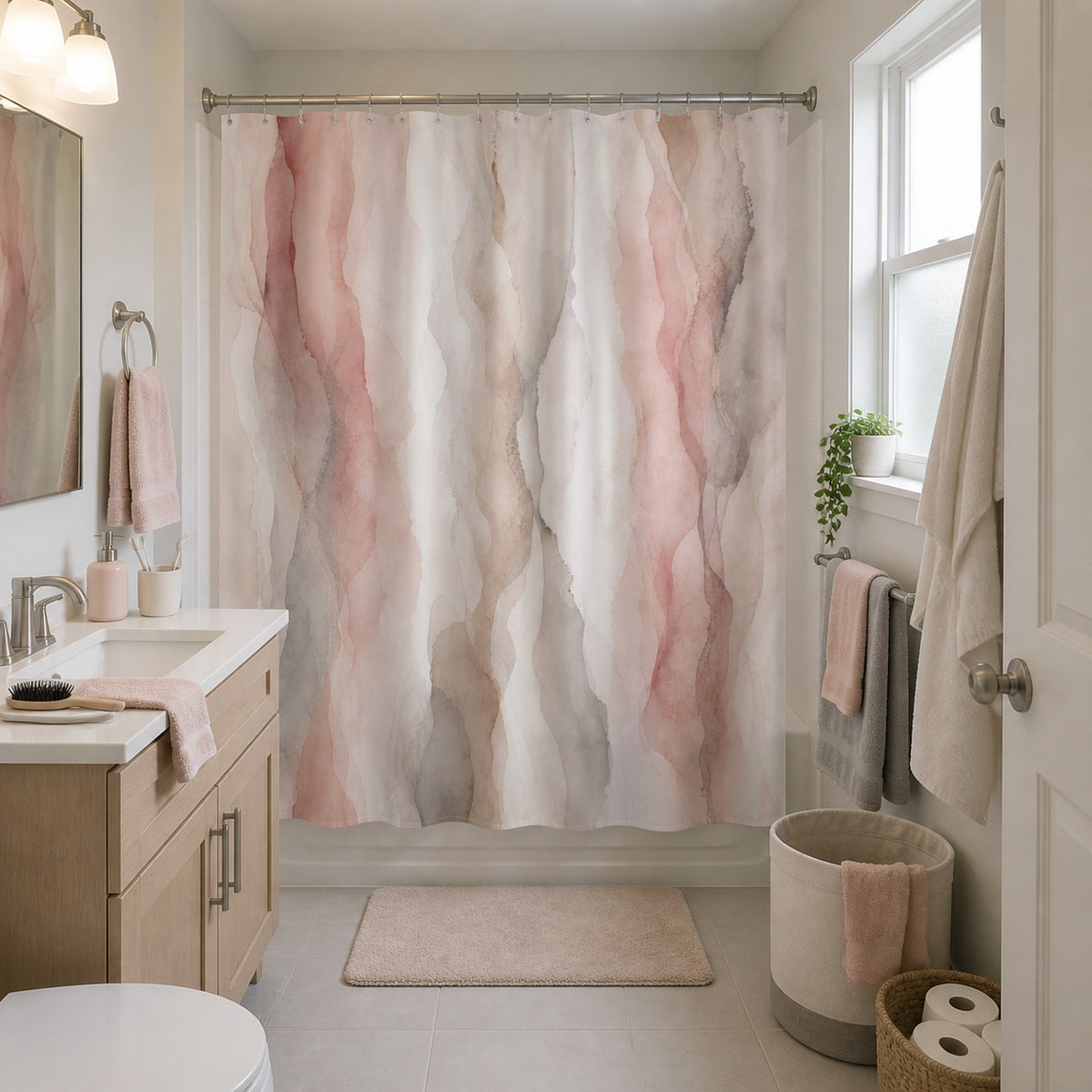 Blush pink and gray abstract marble shower curtain in an attainable oak apartment bathroom