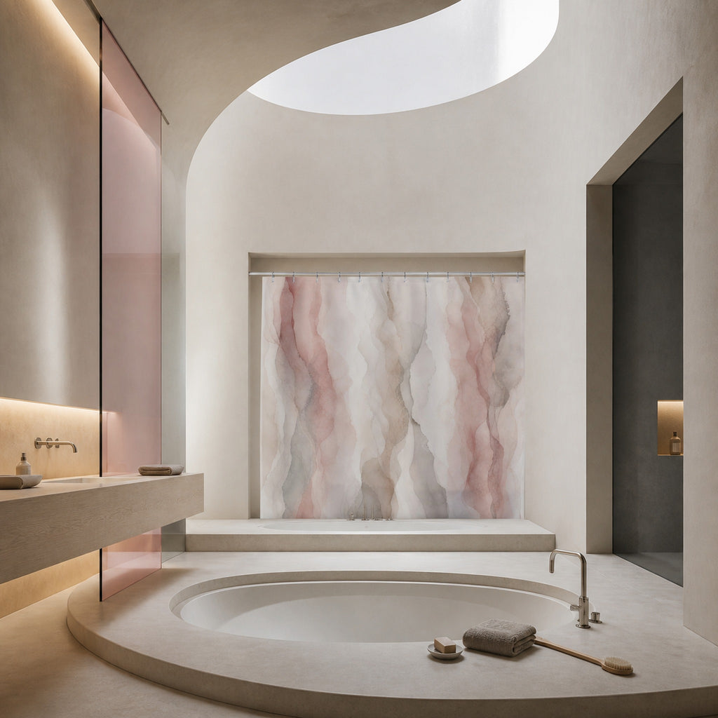 Blush pink and gray abstract marble shower curtain in an elliptical light-well gallery bathroom