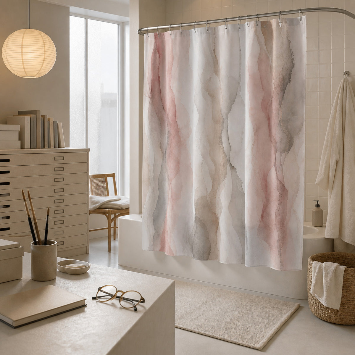 Blush pink and gray abstract marble shower curtain in a watercolor book designer's loft bathroom