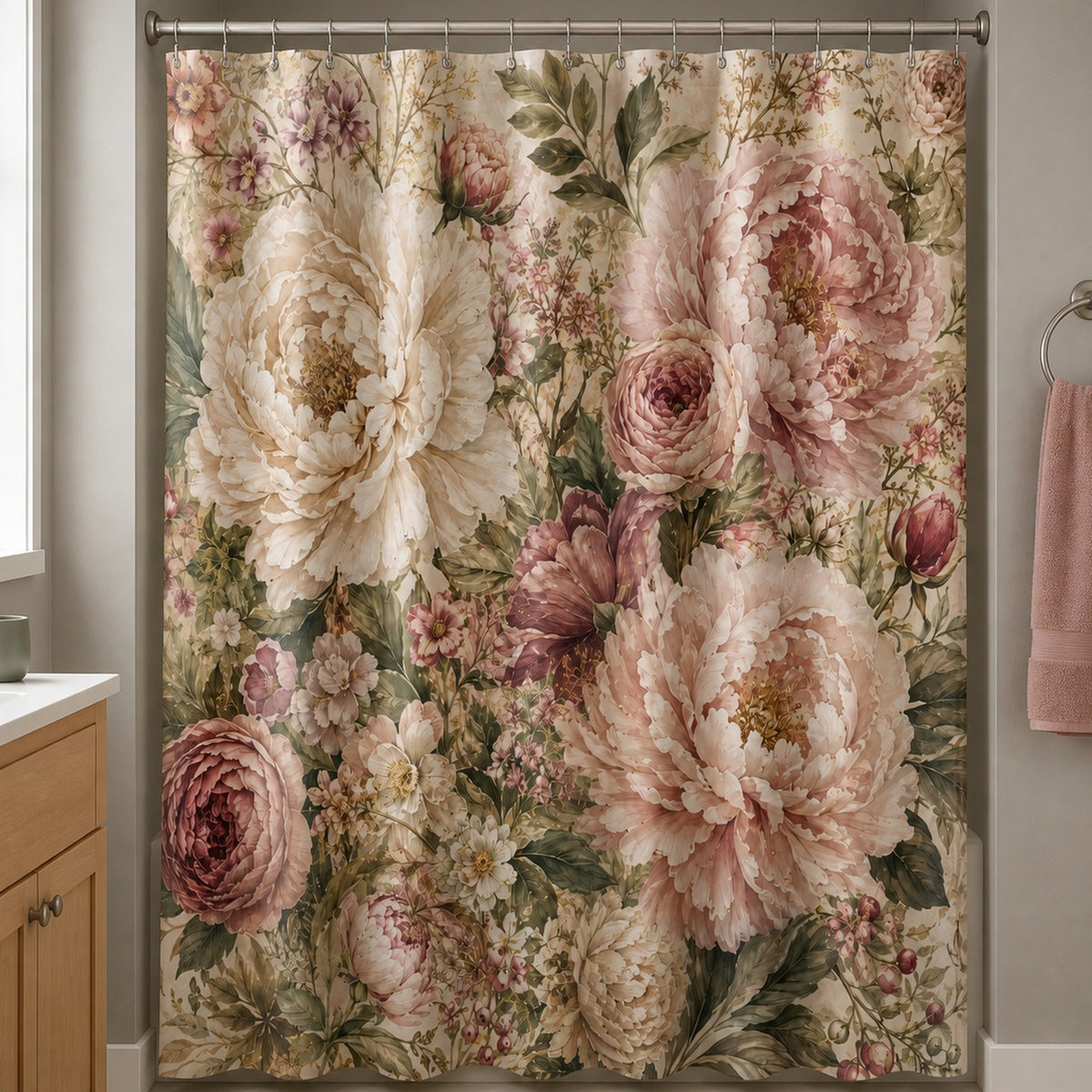 Blush pink botanical floral shower curtain in a warm-gray guest bathroom with oak vanity and sage cup