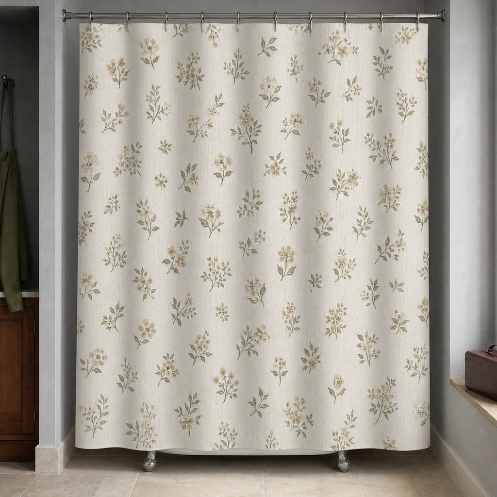White botanical farmhouse shower curtain in a slate blue country florist washroom with moss apron