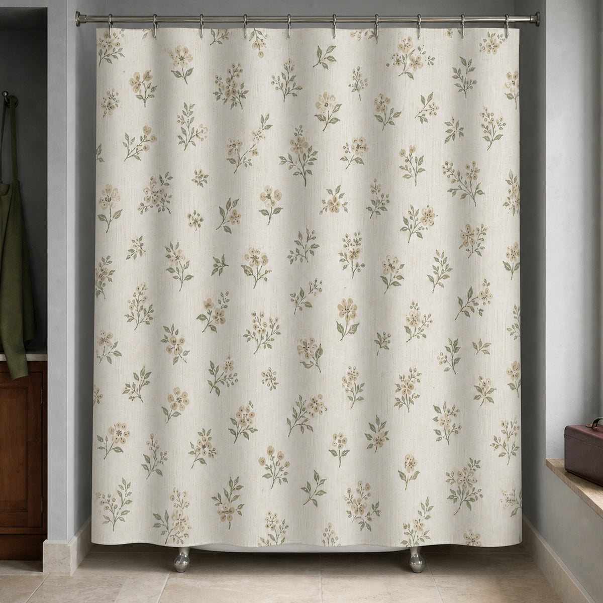 White botanical farmhouse shower curtain in a slate blue country florist washroom with moss apron