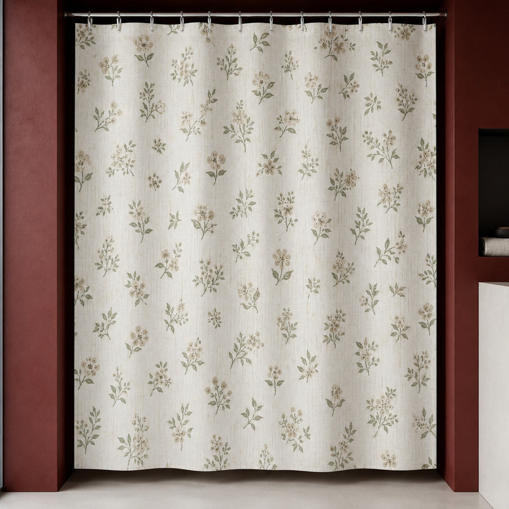White botanical farmhouse shower curtain in an oxblood designer bathroom with ice blue glass and ivory stone