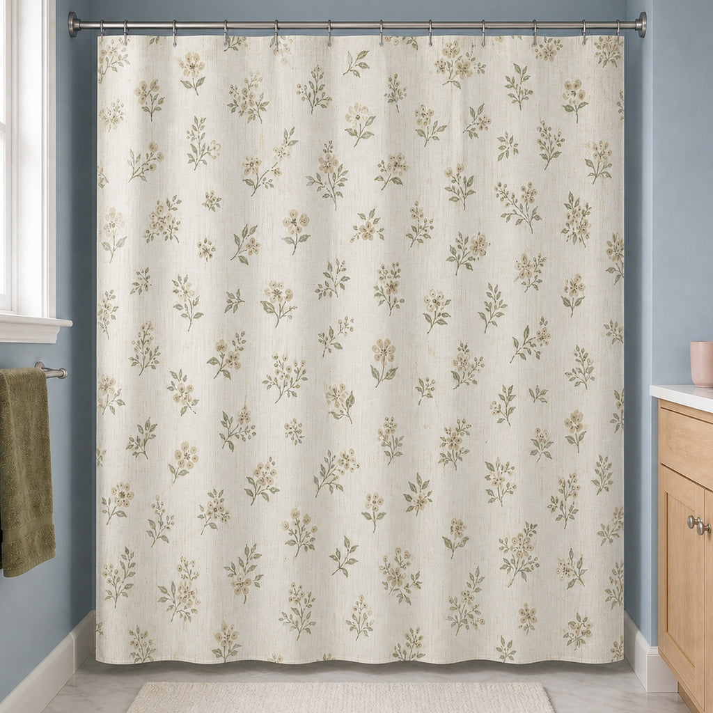 White botanical farmhouse shower curtain in a powder blue guest bathroom with olive towel and birch vanity